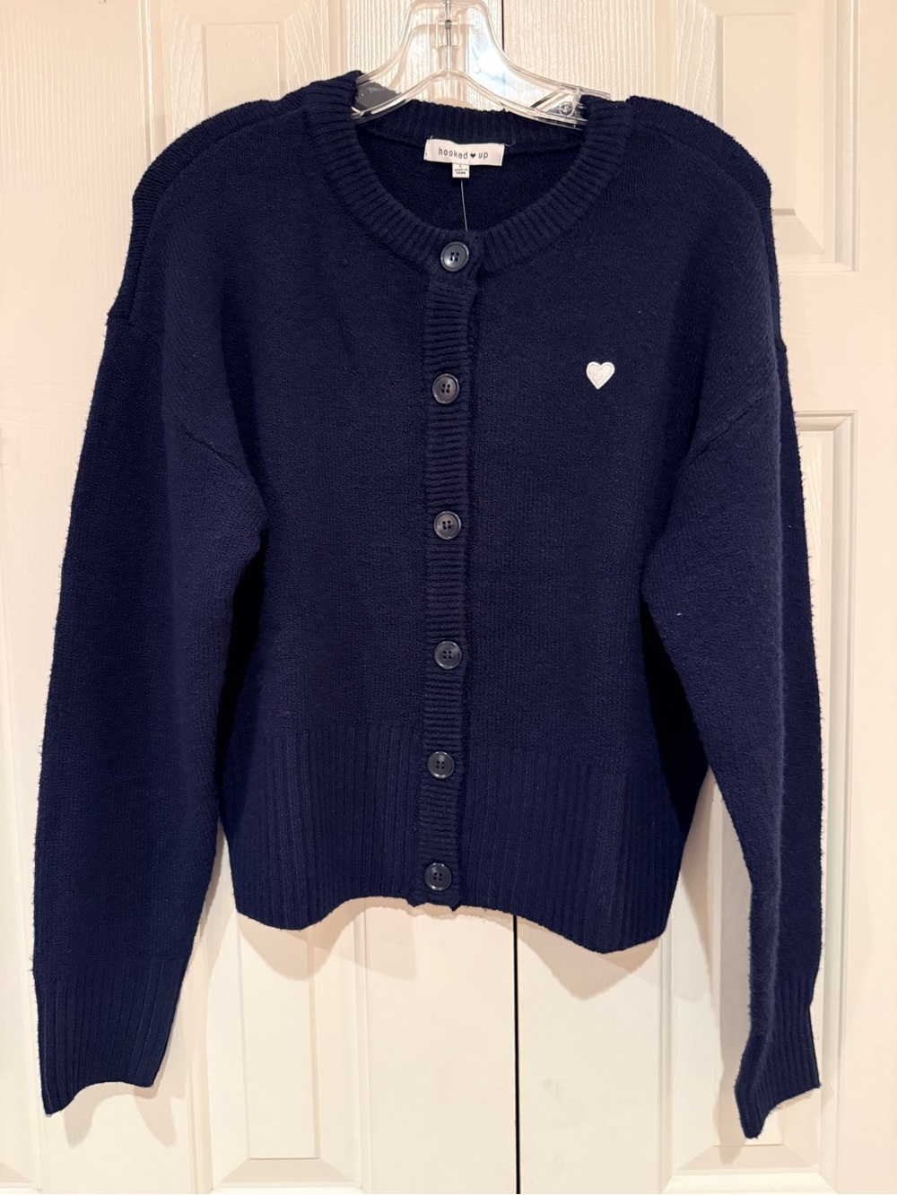 Hooked Up by IOT Navy Blue Button Down Cardigan w/ Small Embroidered White Heart